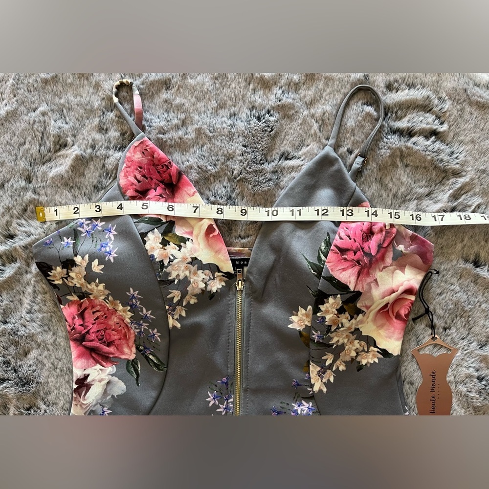 NWT Haute Monde Gray & Pink Floral full zip up mini dress, Bodycon Large 8-10 - Picture 11 of 15
